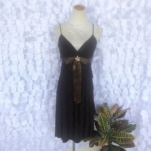 Cache Vintage Small 4 Brown Party Cocktail Dress Strappy Ruffled Bow Made In USA